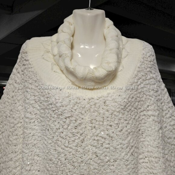Glitter Sparkly Knit Long Sleeve Turtleneck White Poncho - Picture 4 of 11